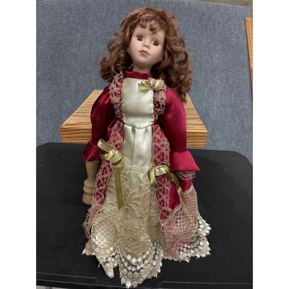 Vintage Porcelain Doll 16 Inch Auburn Curls Burgundy Satin Lace Victorian Dress